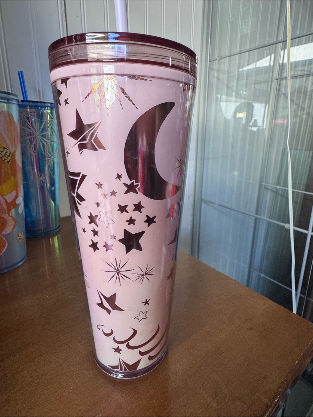 Pink Star & Moon Metallic Travel Tumbler